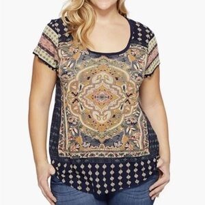 Lucky Brand Persian Rug Print Navy Top Lightweight Cotton Modal Scoop Neck Sz 3X